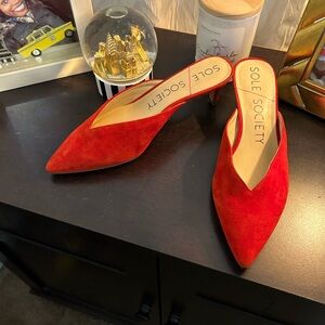 Sole Society Red Suede Pointed Toe Kitten Heel Mules